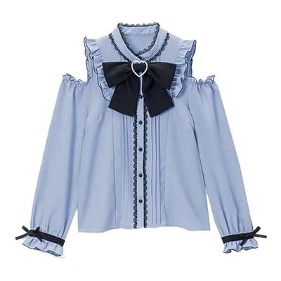 SUNNYSTEP Women's Lolita Top, Long Sleeves, Heart Print, Off-the-Shoulder, Ribbon, Sickly Cute, Pink, Black, White, Bow Tie, Lace, Ruffles, Mass-Produ