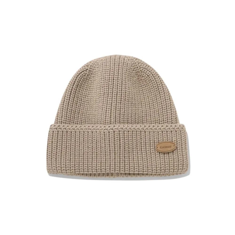 Authentic Leather Patch Acrylic Beanie Hat Beige F