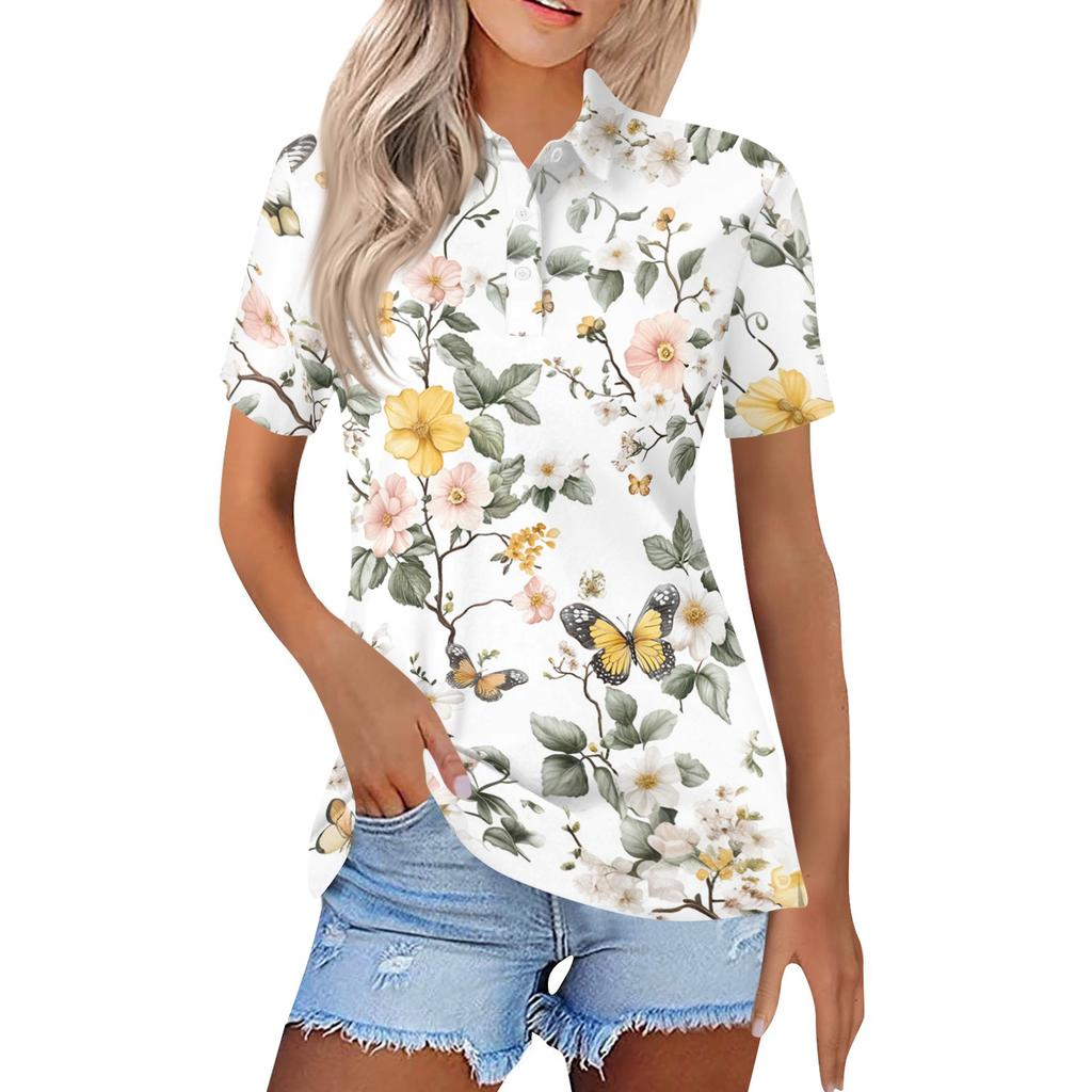 Women's Fashion Short Sleeve Shirt, Floral Print Button Front, Side Slits, Lightweight Summer Casual Top