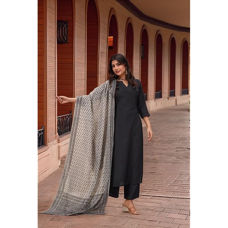 ANNI DESIGNER Women' Rayon Viscose Solid Straight Kurta with Pant & Dupatta (VARDHAN BLACKVKS0 Black Large)