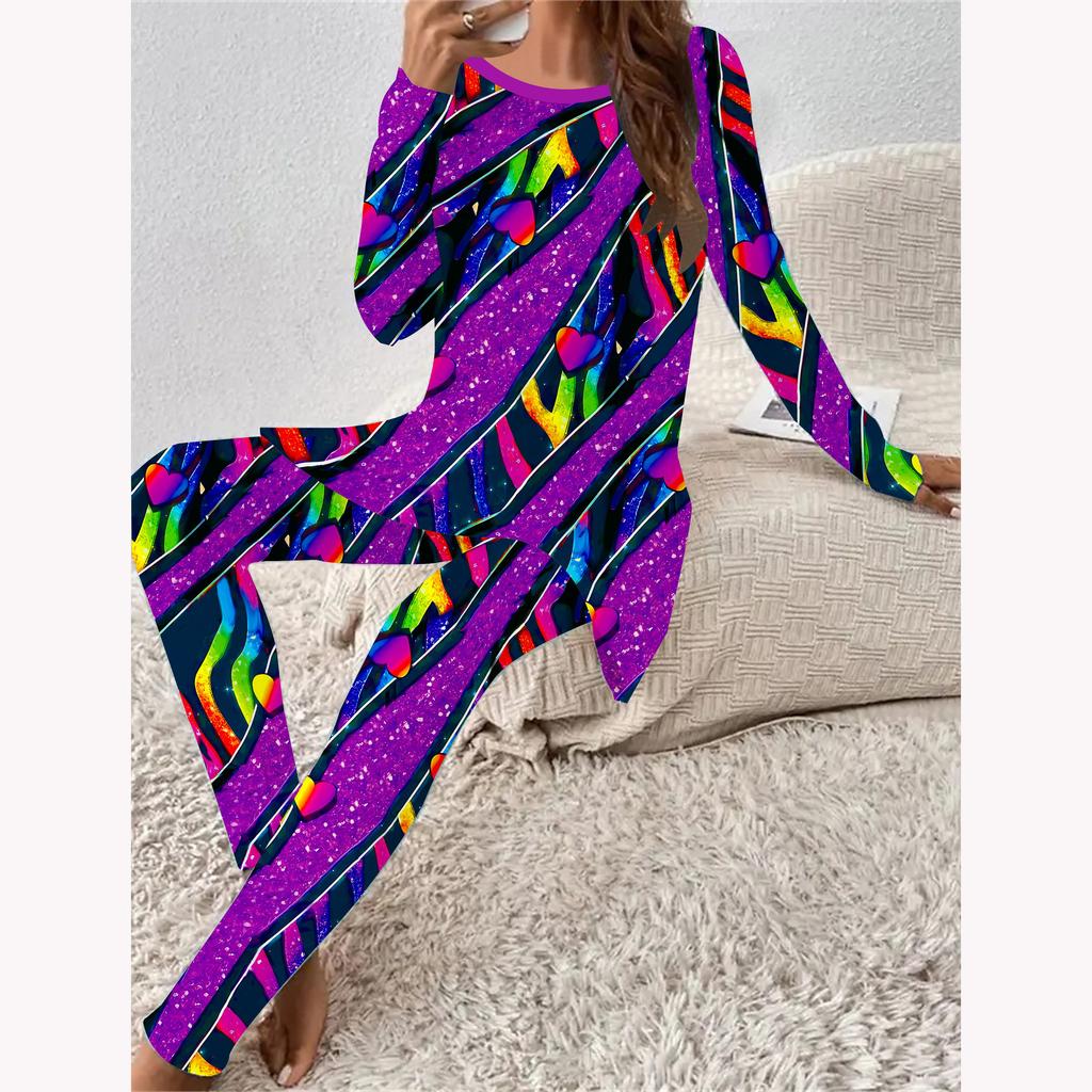 Euroamerikanische Mode 3D Liebesmusterdruck Damen Vier-Jahreszeiten Langarm T-Shirt + Lange Hose Zweiteiler. Perfektes Geschenk zum Valentinstag