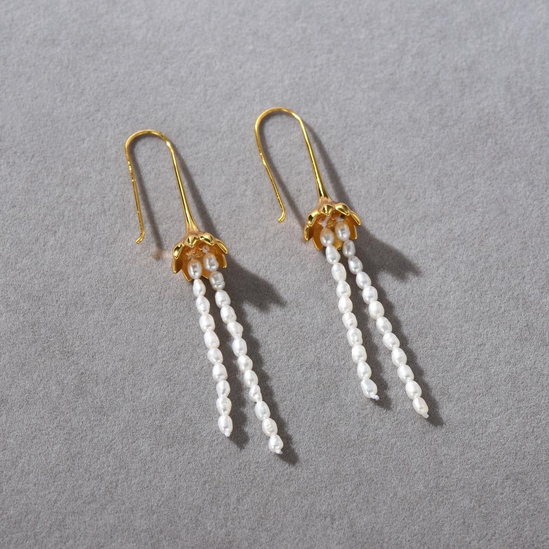 Personality Trend Brass Plated 18K Real Gold Lotus Natural Pearl Tassel Hook Earrings Fashion Earrings Women