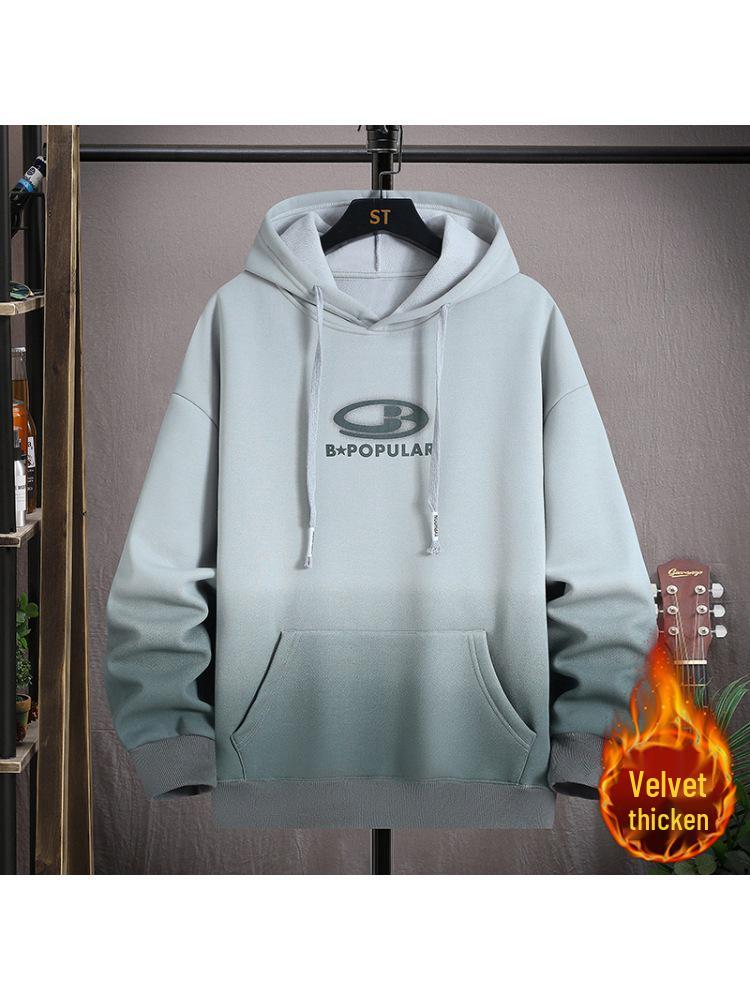 Gradient Color Block Hooded Sweatshirt for Boys, Junior High & High School Students - Plus Velvet, Thickened, Autumn/Winter Outerwear for Teens