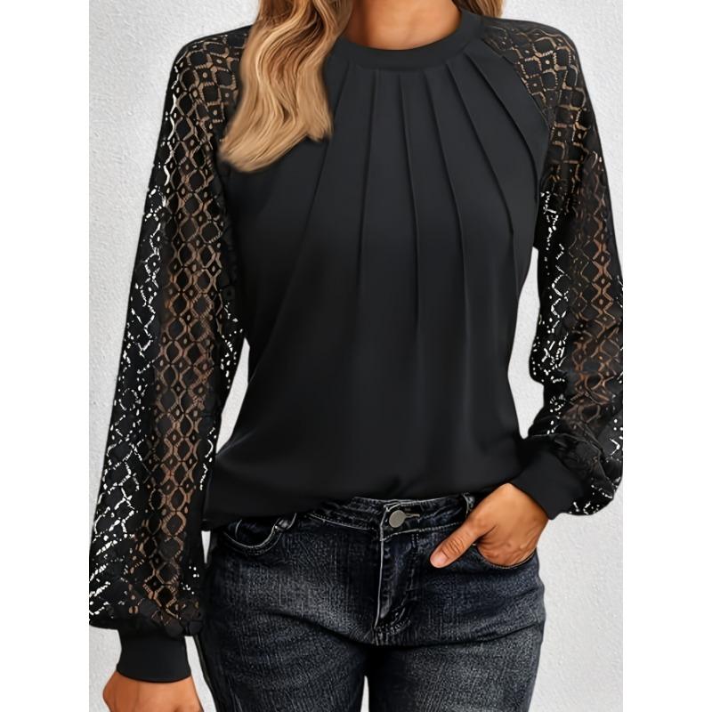 

Элегантная полиэстеровая блузка с длинным рукавом и оборками, круглым вырезом и свободного кроя, подходит для всех сезонов M чёрный