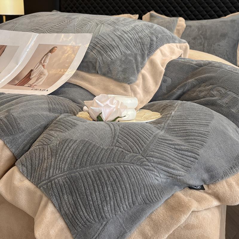 Light Luxury Embroidered Milk Fleece Bed Four-piece Set Winter Thickened Bed Sheet Quilt Cover Pillowcase