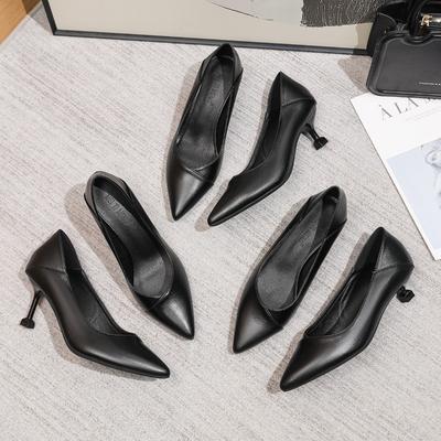 Not Tired Feet High Heels Thin Heels New Commuter Work Professional Black Single Shoes Soft Leather Women's Shoes Spring
