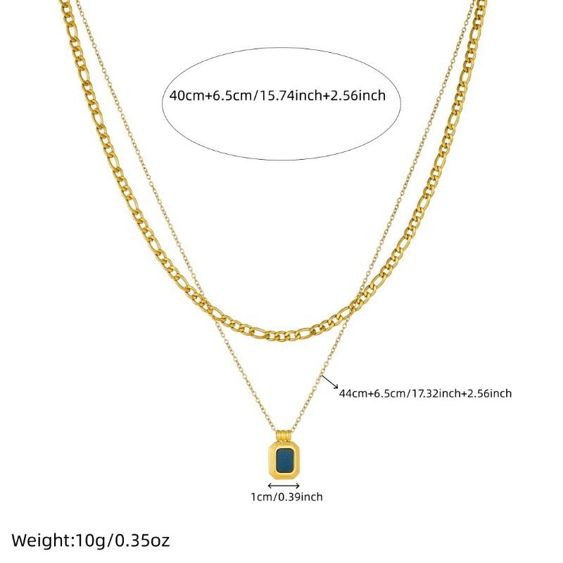 Gold Double Layer Chain Necklace with Black Square Enamel Pendant for Women