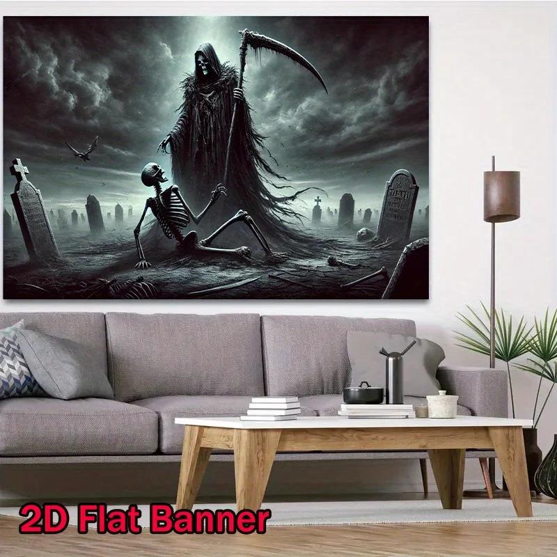 2D plane, 1 piece of Gothic Halloween Grim Reaper and Skull scene poster - Large 8x6 feet eerie cemeteryDJH