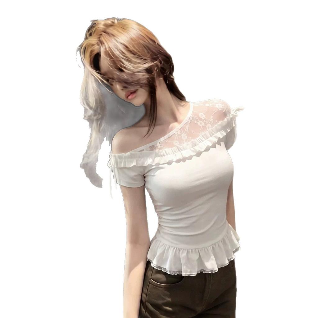 Temperament Lace Splicing One-word Shoulder Lace Hem Short-sleeved T-shirt Women's Summer Slim and Thin Pure Desire Beautiful Top
