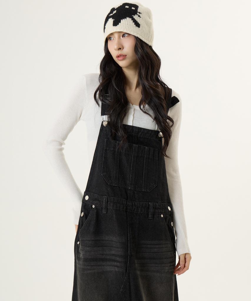 Unknown Planet Overalls Denim Long Skirt Sand Black