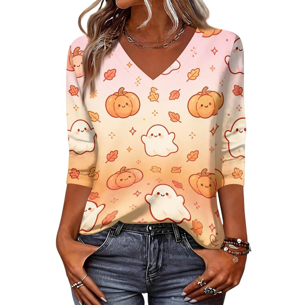 Women's Fashion Casual Halloween Print V-Neck Three-Quarter Sleeve Top