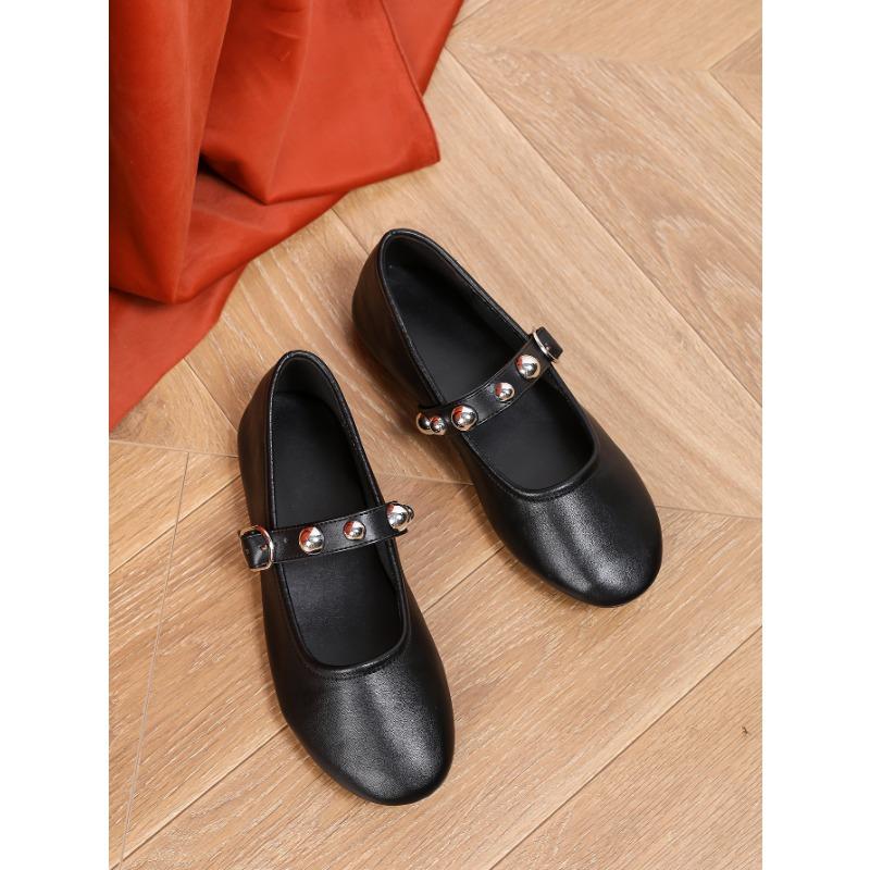 Spring and Autumn New Women's Shoes Riveted Leather Mary Jane Round Head Single Shoes Ballet Flats Cross