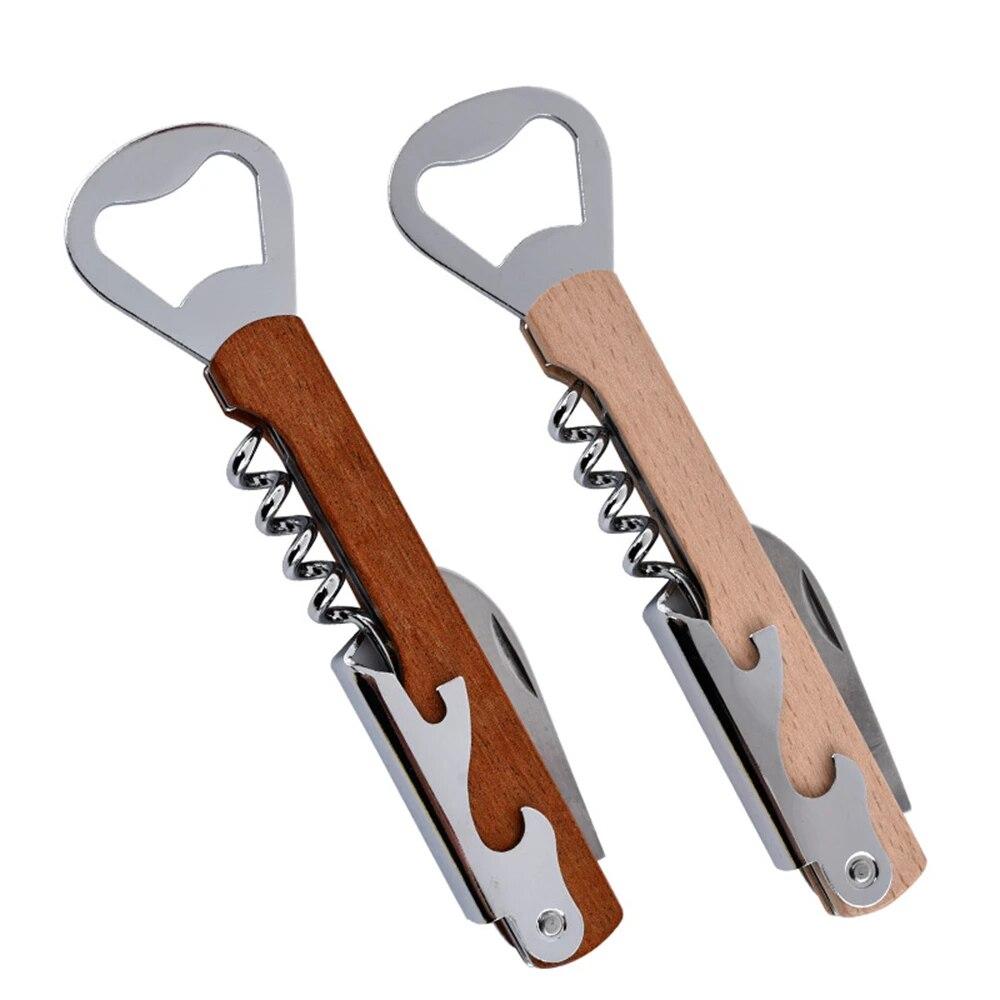 Wood Handle Wine Bottle Corkscrew with Beer Cap Openers for Waiters Bartenders