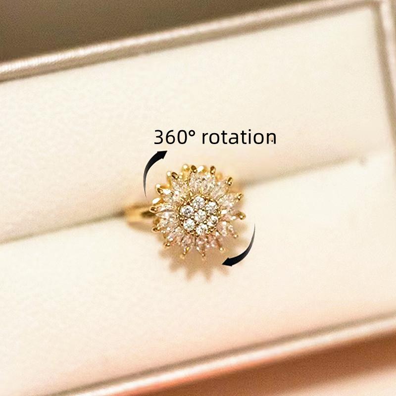 European and American Fashion Sunflower Open Ring for Women To Relieve Anxiety and stress360°Rotating Flower Ornament Birthday Gift for Girls and