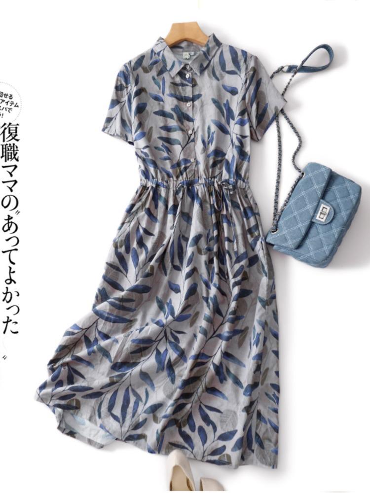 

2025 лето новая хлопково-льняная рубашка с принтом юбка ретро воротник поло короткий рукав платье средней длины женское M