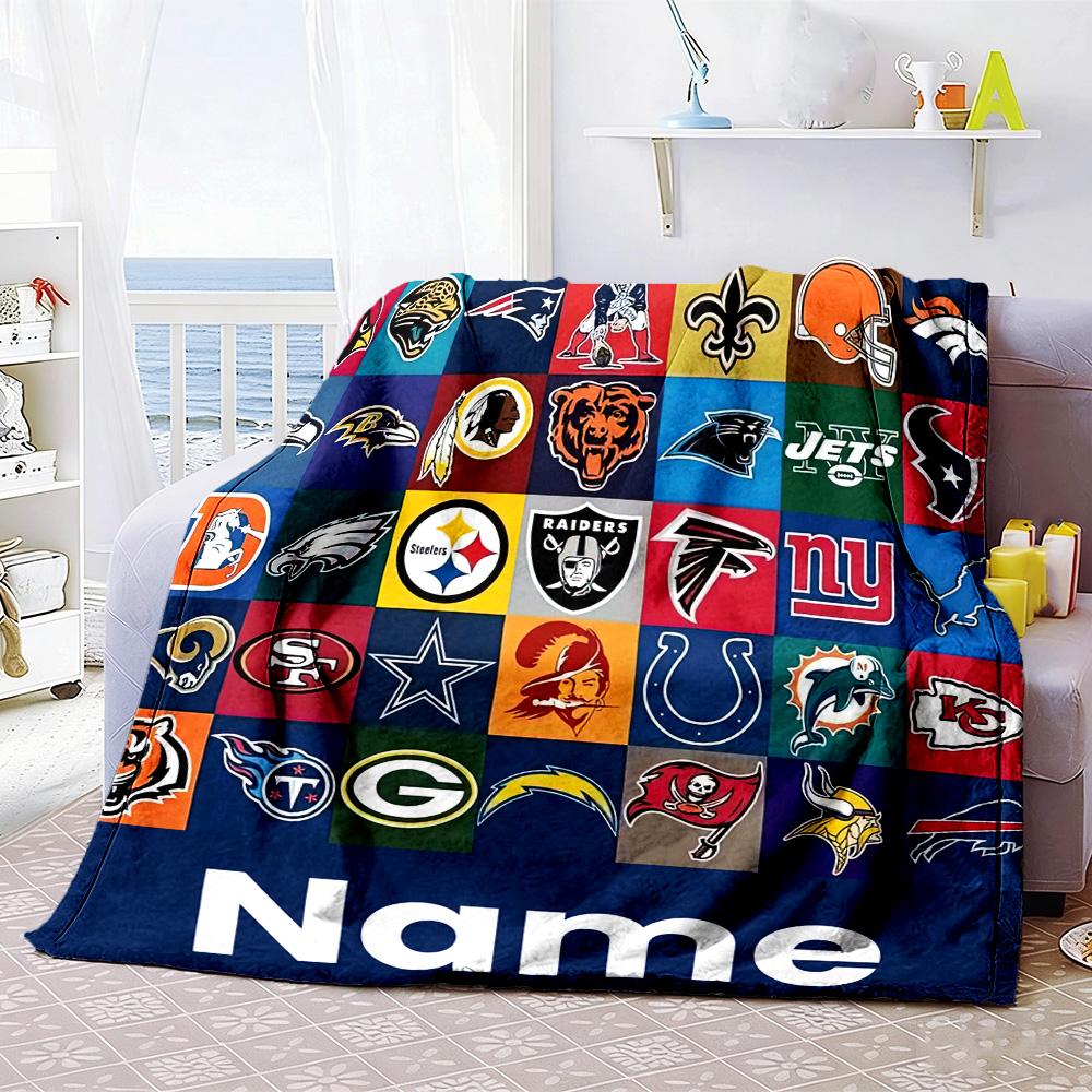 Loghi Squadre NFL Griglia Personalizza Testo Coperta Plaid Coperta Personalizzabile Morbida e Accogliente Adatta per Soggiorno Sedia da Ufficio Biancheria da Letto Letto