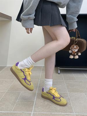 Yellow Women's Casual Sneakers Designer Training Shoes Patchwork Lace-up Sneakers Leather Flat Women's Shoes Zapatillas De Muje