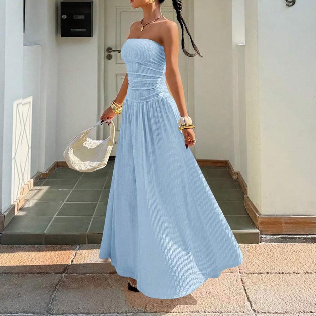 Women Sleeveless Strapless Tube Top Maxi Dress Casual Fitted Elegant Ruched Bodice Flowy Long Dress for Summer Party Vacation