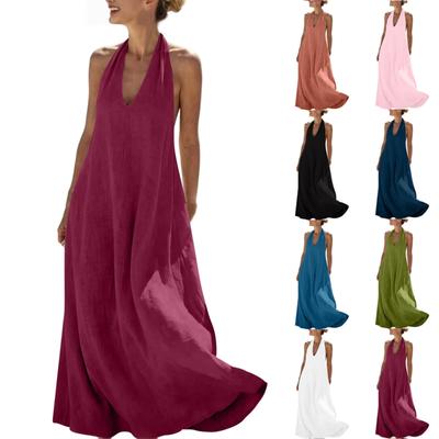 Damen Freizeit Ärmellos Locker Sitzend V-Ausschnitt Maxikleid mit Taschen Leichtes Sommer Langkleid für den täglichen Gebrauch