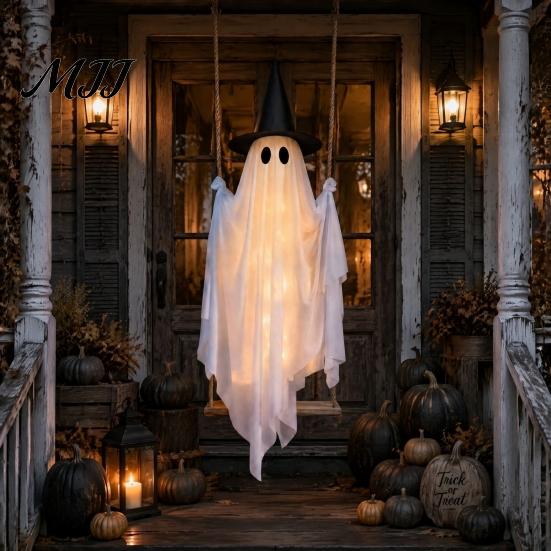 Flexibler Stoffgeist zur Dekoration Halloween Hängende Schaukel Dekoration mit Hexenhut, Gruselige Außen Dekoration Spukhaus Ornament Lichterkette