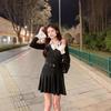 Spring and Autumn New Spice Girl Black Long-sleeved Fake Two-piece Dress Women's Waist and Thin Design Medium and Long Skirt