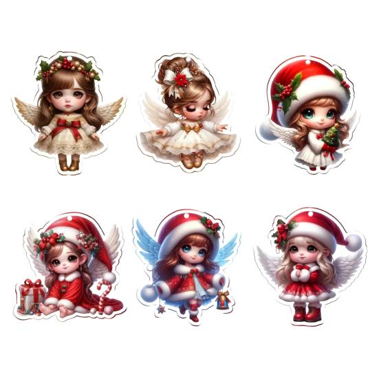 1/6Pcs Christmas Santa Hat Girl Hanging Decoration Holiday Party Winter Xmas Tree 2D Flat Acrylic Cartoon Angel Fairy Hanging Ornament