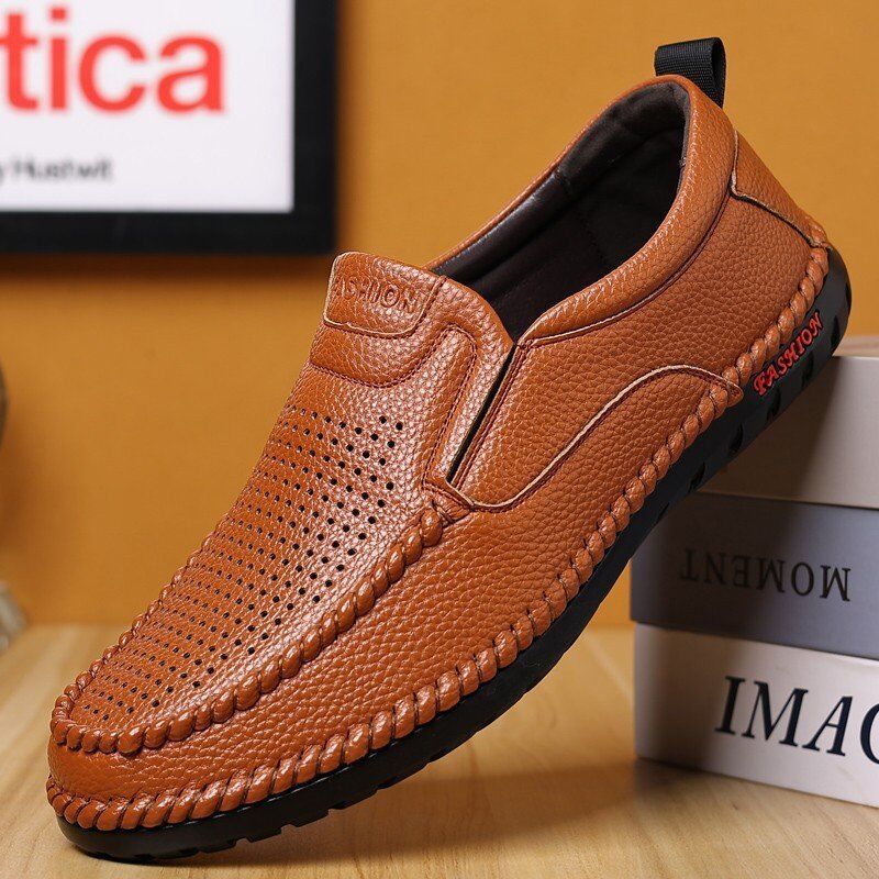 Fashion Men Casual Leather Shoes High Quality Cowhide Business Shoe Summer Hollow Out Breathable Driving Shoes for Men Loafers Moccasins