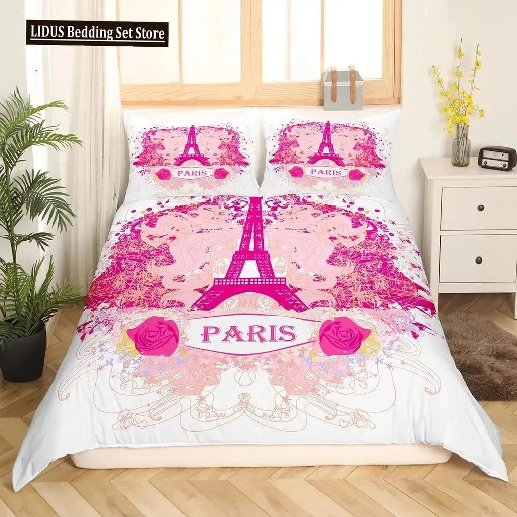 Comforter Valentine Day King Queen Paris Eiffel Tower Bedding Set Pink Watercolor Tulips Flowers Balloon Polyester