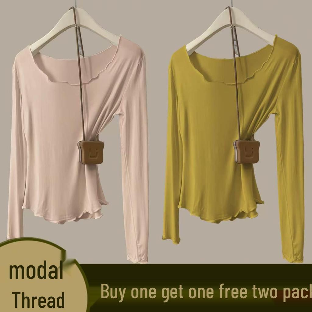 Women's Autumn Modal Ribbed Top: Round Neck, Long Sleeve, Rolled Hem, Base Layer T-Shirt