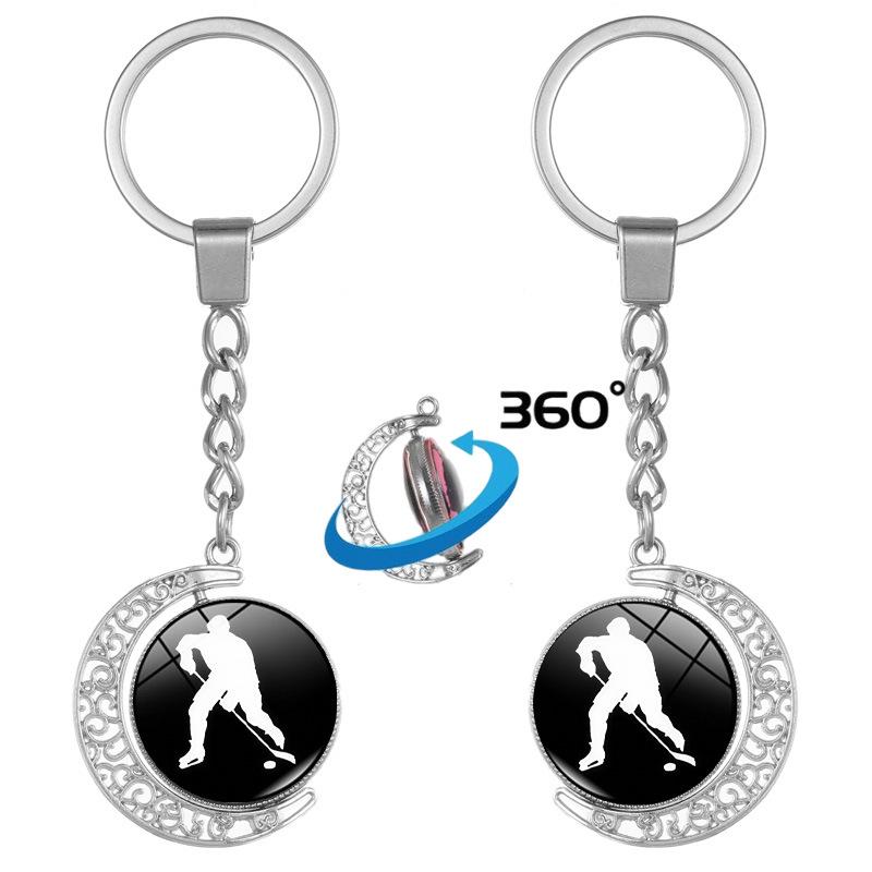Ice Hockey Stick Puck Rotating Keychain Bag Pendant