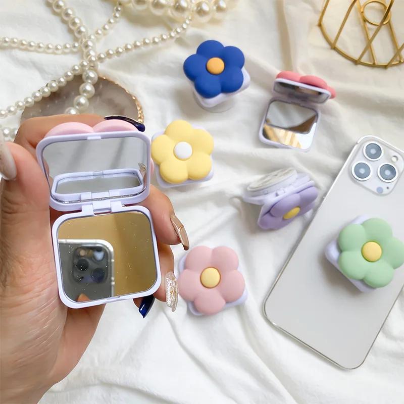 Ins Macaron Color Flower Bowknot Flip Mirror Phone Grip Tok Smart Tok Holder Ring Y2K Pink Girl Lazy Bracket Clear Stand Socket