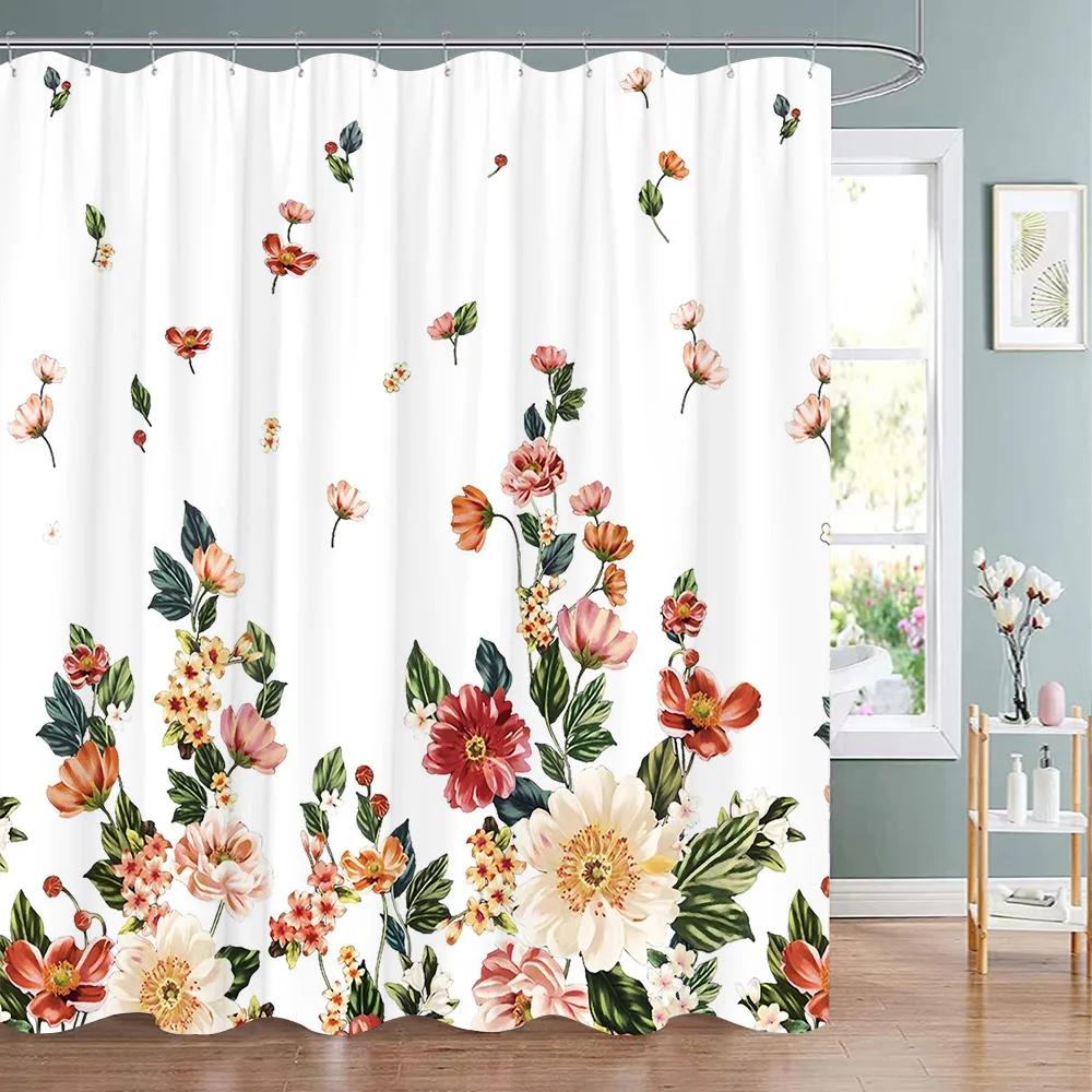 Botanical Flower Shower Curtain Tropical Leaves Fresh Flowers Polyester Fabric Washable Shower Curtain Bathroom Decor With Hooks