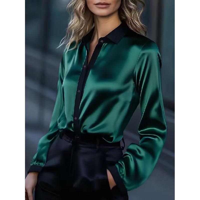 Women's Spring New Style Elegant Commuting Long-Sleeve Shirt Satin Color-Block Blouse