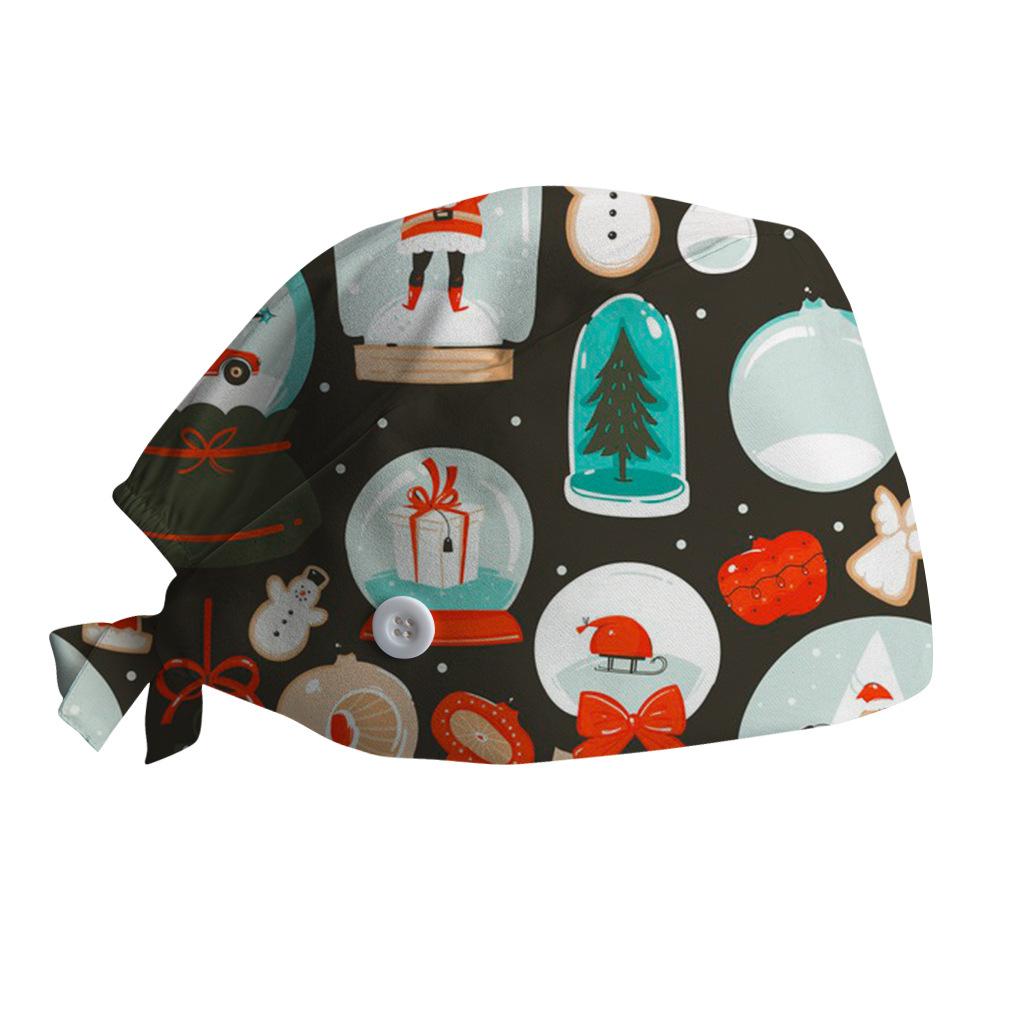 Surgical Cap with Adjustable Printed Christmas Theme Hat, Sweat Wicking Strip, Dust-proof Cloth Bag Head Cap, Doctor's Oral Cap, Nurse's Cap