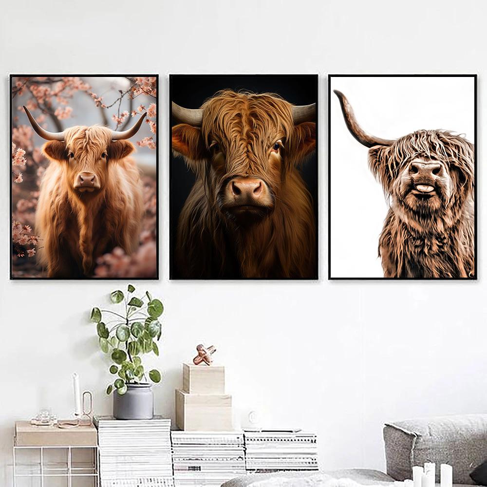 Scottish Highland Cow In Flowers Portrait Cute Wild Animals Poster Canvas Painting Wall Art Pictures Home Farmhouse Decor Gift