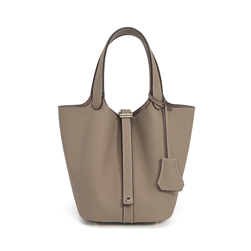 2025 Large Capacity Genuine Leather Commuter Handbag - Lychee Pattern Cowhide Bucket Bag