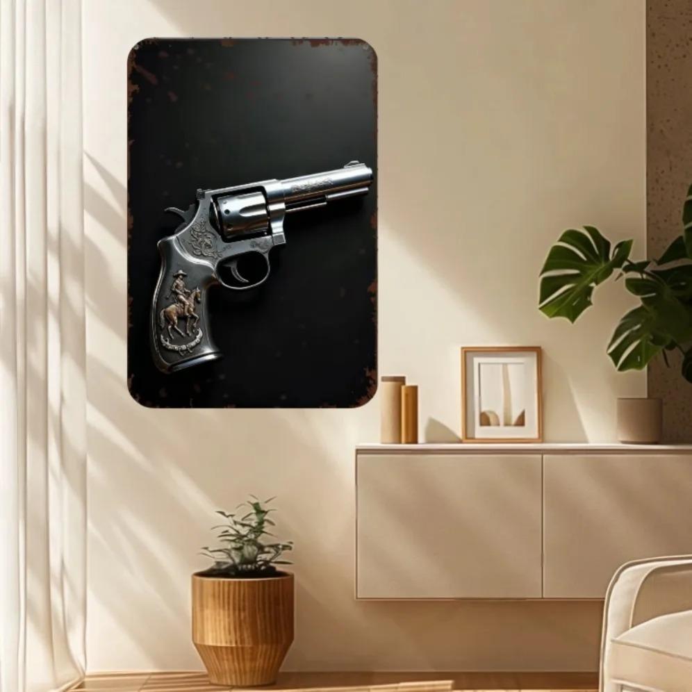 Western Revolver Metal Tin Sign Vintage Wall Art for Man Cave Bar Home Decor
