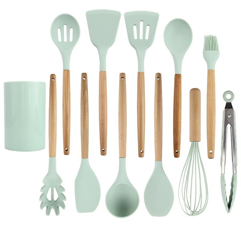 Silicone wooden handle kitchenware set 12-piece set High temperature resistant non-stick pan Scoop clip Kitchenware bucket Baking utensils