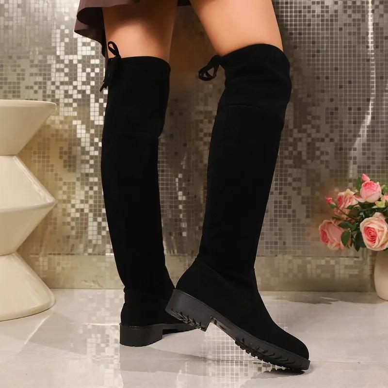 Fashion 2024 Winter High Quality Women's Boots New Fashion Round Toe Solid Color Square Heel Suede Lace Up Women's High Fashion Boots