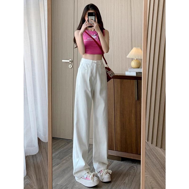 

Women s Spring 2025 White Wide-Leg High-Waisted Jeans, Slimming Casual Straight-Leg, Floor-Length. M