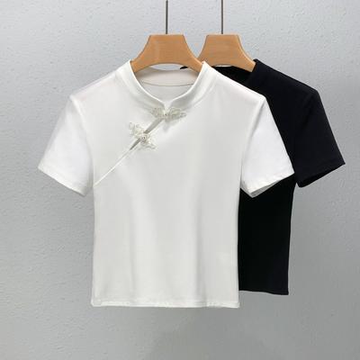 Short-sleeved T-shirt for Women New Women's Summer Retro Stand Collar Solid Color Cotton T-shirt Slanted Placket Ancient Style Top