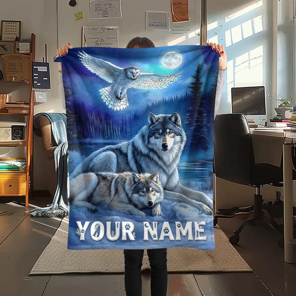 1 Stück Benutzerdefinierter Name Wolfsfamilie Mondnacht Gemustert Flanelldecke Geeignet für Alle Jahreszeiten für Heimdekoration Wärme und Komfort Geschenke Feiertagsgeschenk_lx