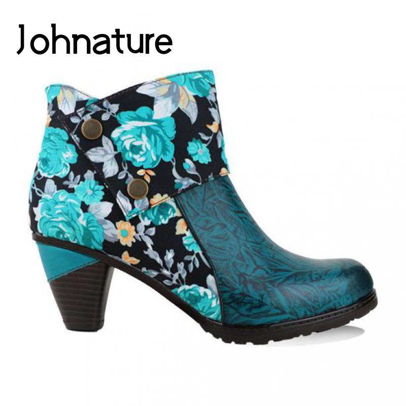 

Обувь Johnature с принтом, женские ботинки из натуральной кожи, лаконичные ботильоны на платформе с круглым носком и молнией для отдыха, ручная работа, лаконичные ботильоны на платформе