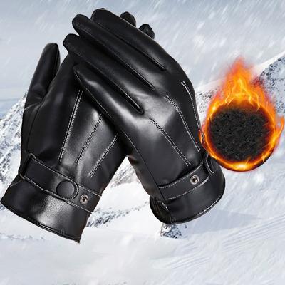 Men Winter Pu Leather Black Gloves Button Warm Mittens Outdoor Sports Driving Skiing Men'S Windproof Gloves Winter Supplies