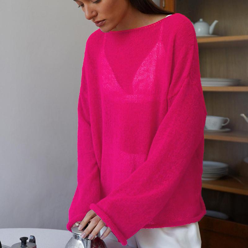 Hohler Strickpullover Frühling und Sommer Damen Perspektive Dünne Abteilung Großer Rundhalsausschnitt Trompetenärmel Gestricktes T-Shirt