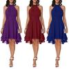 Women Elegant Solid Color Soft Halter Sleeveless Asymmetric Hem One Piece Dress