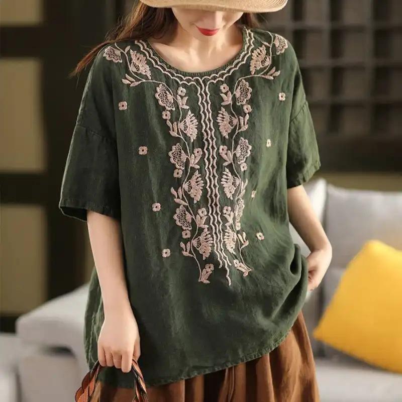 Heavy Embroidery Cotton and Linen Literary Loose Retro Temperament Round Neck Short-sleeved T-shirt Embroidered Versatile Summer New Top