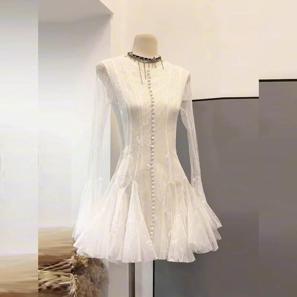 French Temperament Daughter Style Splicing Lace Button Design Long Sleeve Dress Women's Spring New Short Skirt Tide