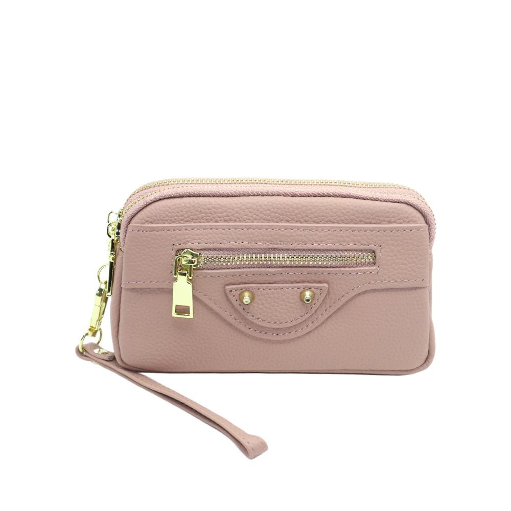 Women's Genuine Leather Long Wallet with Double Zipper and Phone Holder