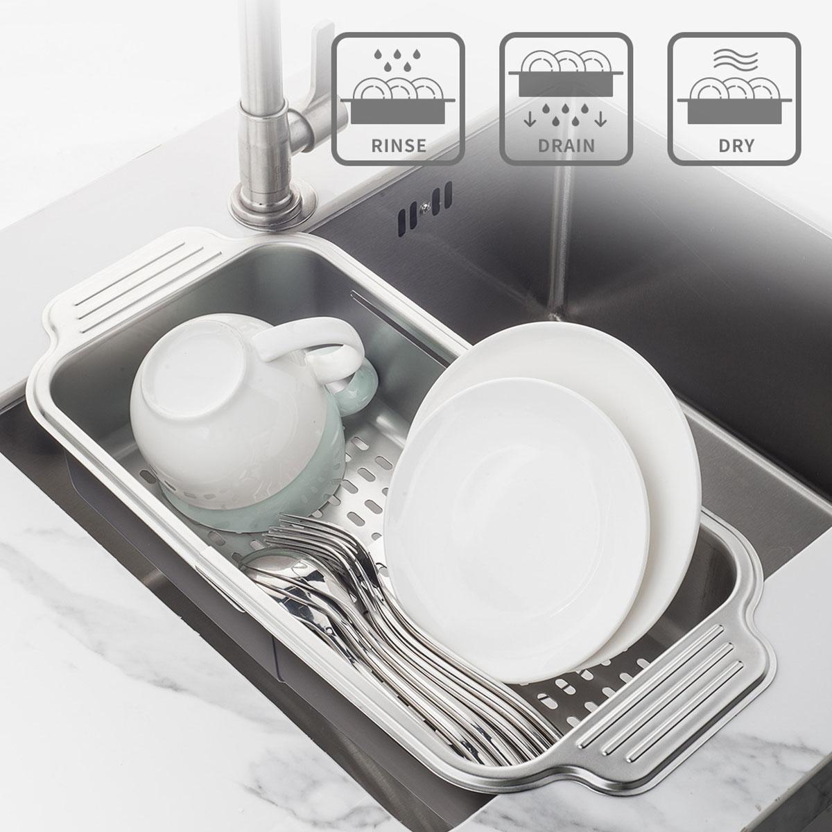 Stainless Steel Drain Basket Retractable Sink Strainer Basket Food Grade Heat Resist Colander for Sinks Smaller Than 17.3inch
